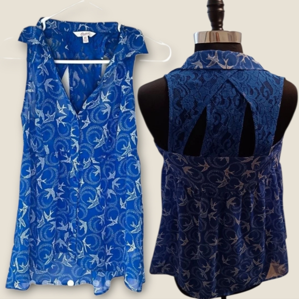 Candie’s Women Small Sleeveless Blue Button Up, White Birds Blouse Lace Back Y2K
